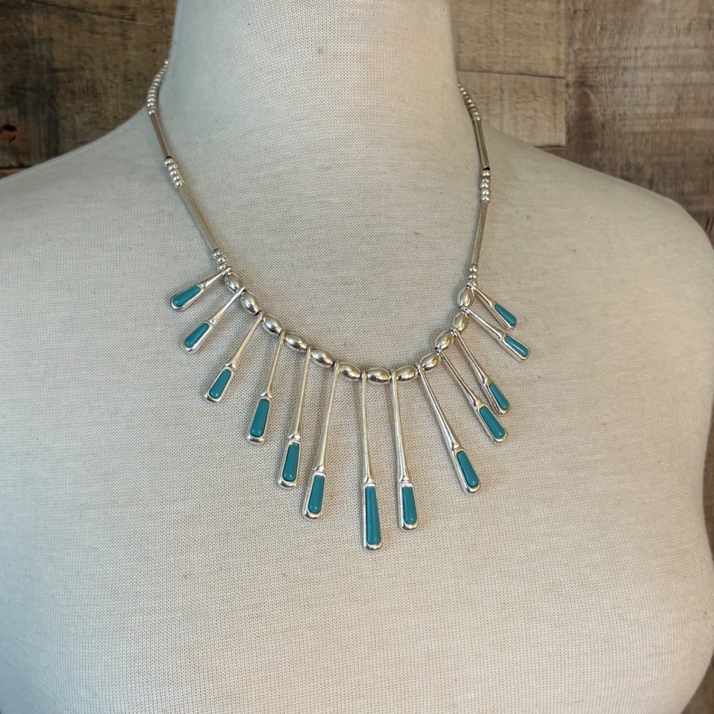 Silver Tone Turquoise Inlay Sunburst Fringe Paddle Statement Necklace